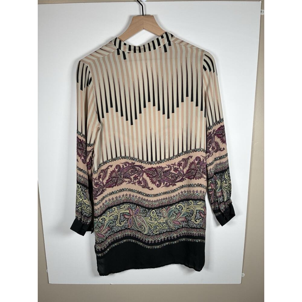 Etro Sz 40 US 4 100% Silk Blouse Paisley Stripe Italy V-Neck Hi-Low FLAW Silk - Picture 2 of 10